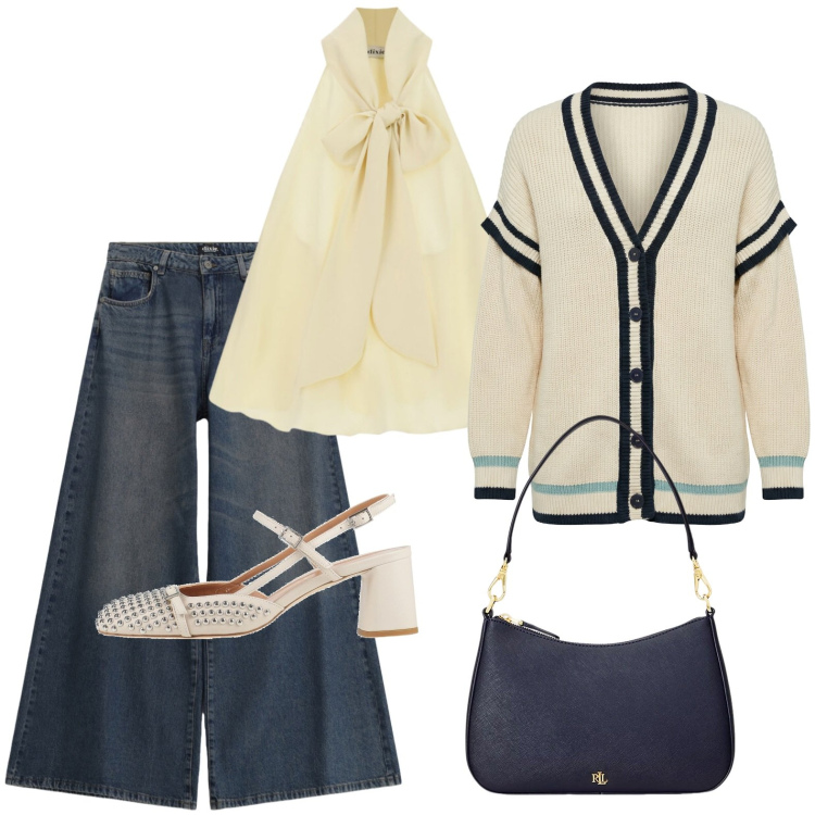 Outfit donna - Pranzo della domenica. Stile Casual chic per Tutti i giorni. Abbinamento con décolleté, cardigans, top, jeans, borse a spalla.
