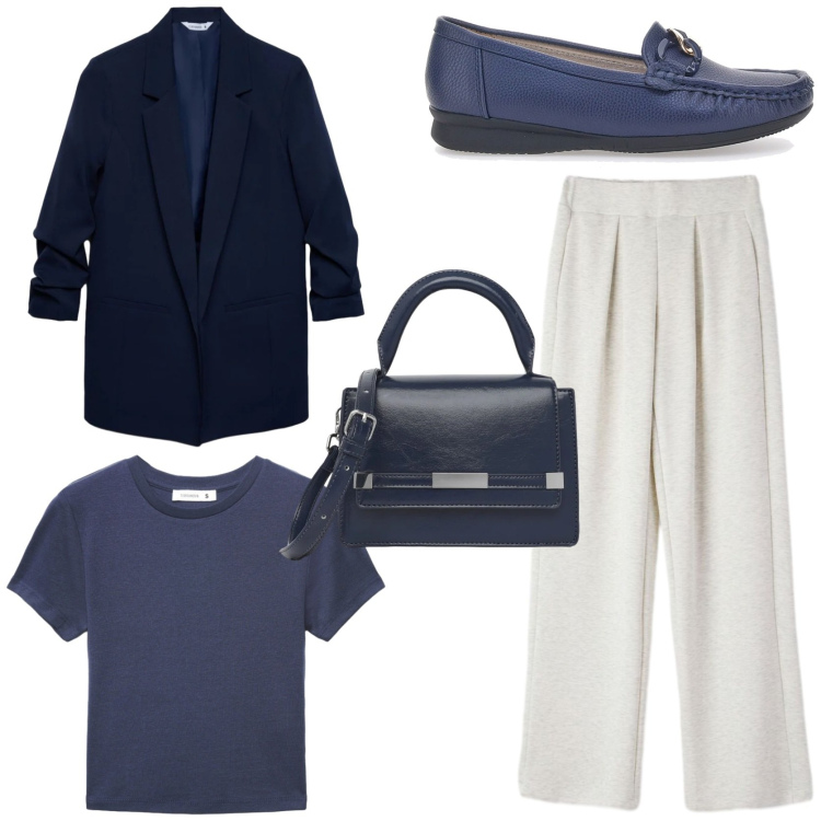 Outfit donna - Elegant workwear. Stile Chic per Ufficio. Abbinamento con pantaloni, blazer, t-shirt, borse a tracolla, mocassini.