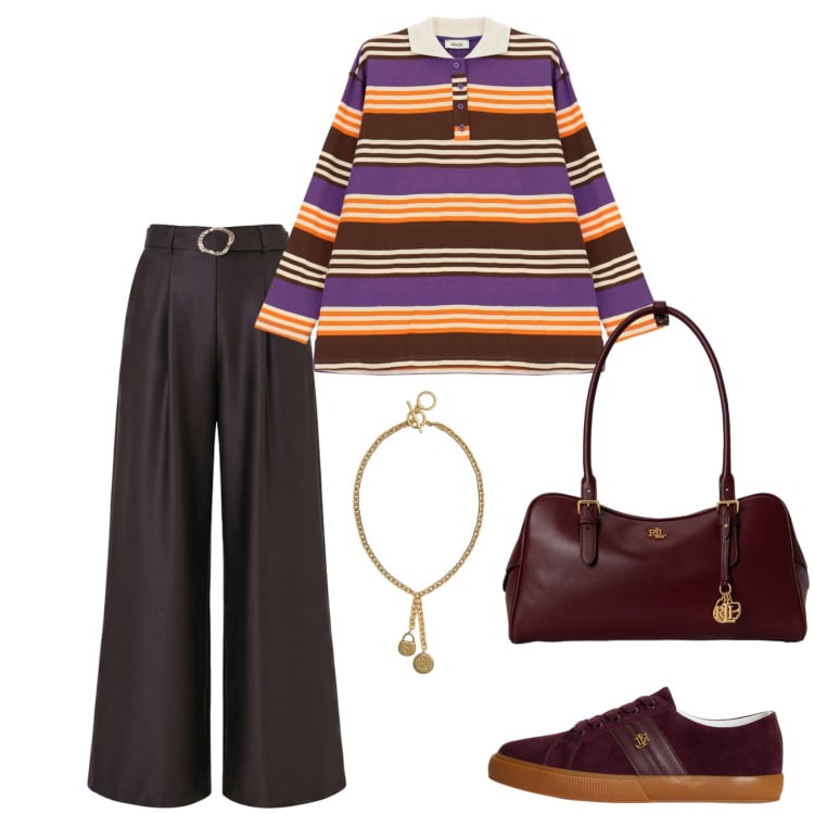 Outfit donna - Modalità weekend. Stile Casual per Tutti i giorni. Abbinamento con polo, pantaloni a palazzo, borse a mano, sneakers, ciondoli.