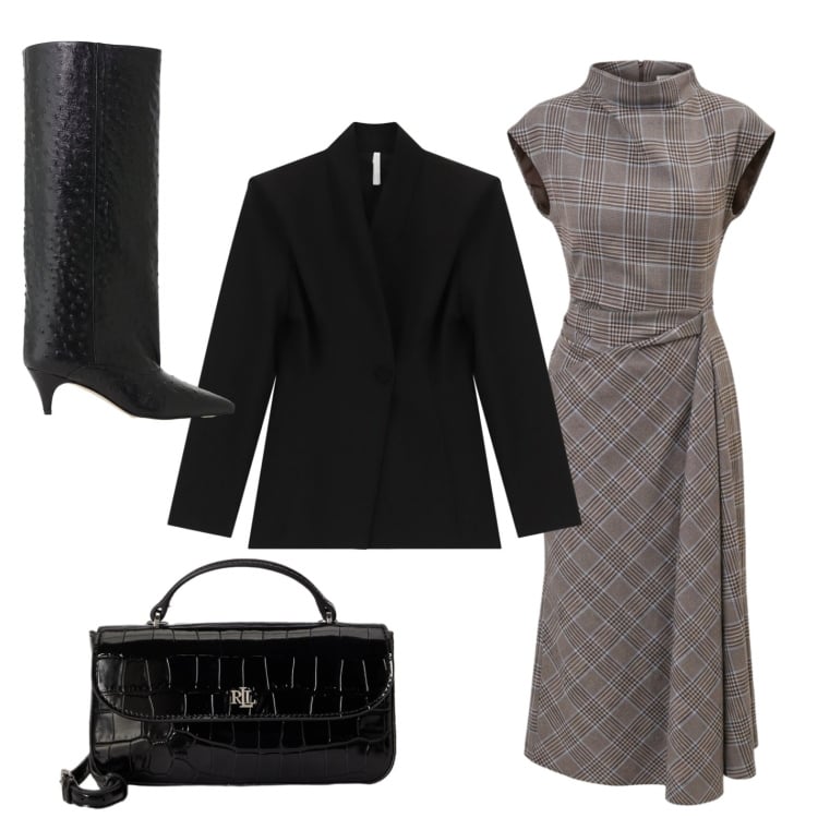 Outfit donna - Cena in un ristorante stellato. Stile Glamour per Serata fuori. Abbinamento con blazer, stivali, vestiti asimmetrici, portafogli.