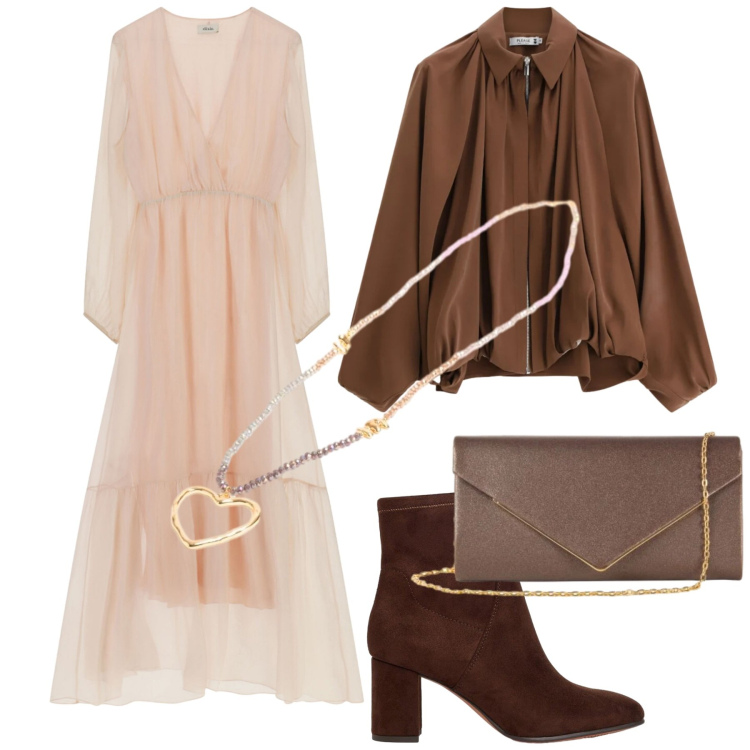 Outfit donna - Voile e cioccolato. Stile Glamour per Serata fuori. Abbinamento con stivaletti, vestiti lunghi, clutch, bomber, collane.