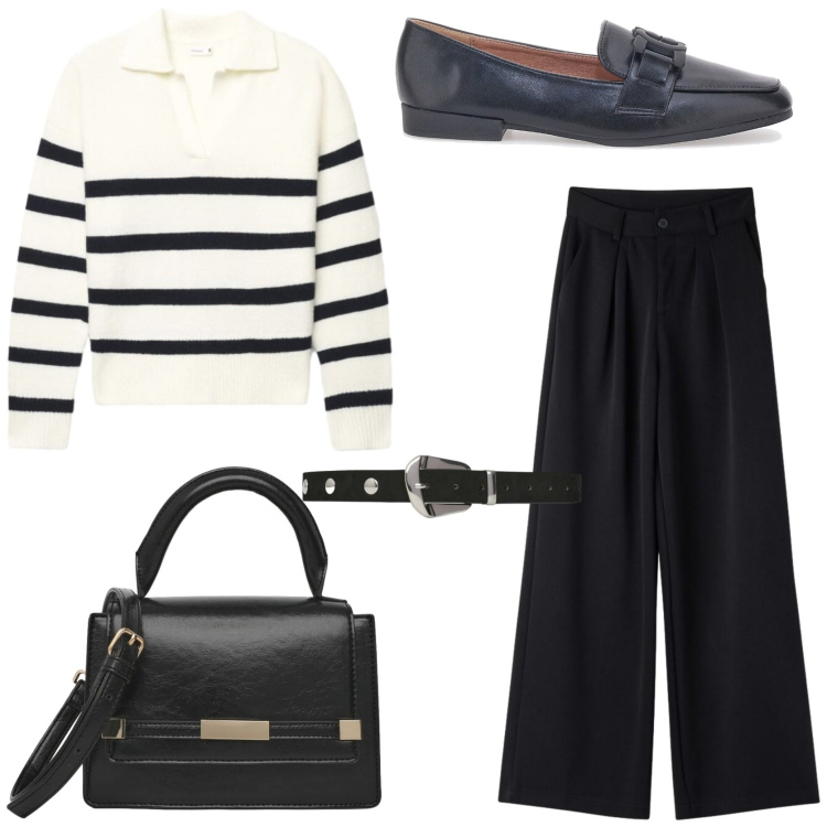 Outfit donna - Elegant workwear. Stile Chic per Ufficio. Abbinamento con pantaloni, borse a spalla, cinture, maglieria, mocassini.