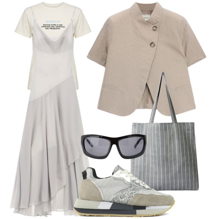 Outfit donna - Abito lungo in città. Stile Trendy per Tutti i giorni. Abbinamento con vestiti lunghi, occhiali da sole, blazer, shopping bag, t-shirt, sneakers.