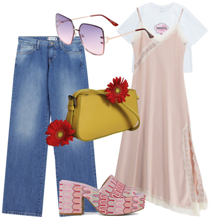 Outfit donna - Sovrapposizioni cittadine. Stile Urban per Tutti i giorni. Abbinamento con occhiali da sole, vestiti lunghi, t-shirt, borse a spalla, jeans dritti, sabot.