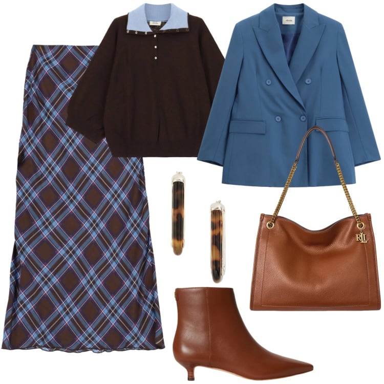 Outfit donna - Gonna a quadri d\'autunno. Stile Urban per Tutti i giorni. Abbinamento con gonne lunghe, blazer, maglieria, stivaletti, borse tote, orecchini.