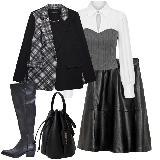 Outfit donna - Gonna in ecopelle. Stile Trendy per Tutti i giorni. Abbinamento con gonne, bluse, stivali, blazer, borse a secchiello.