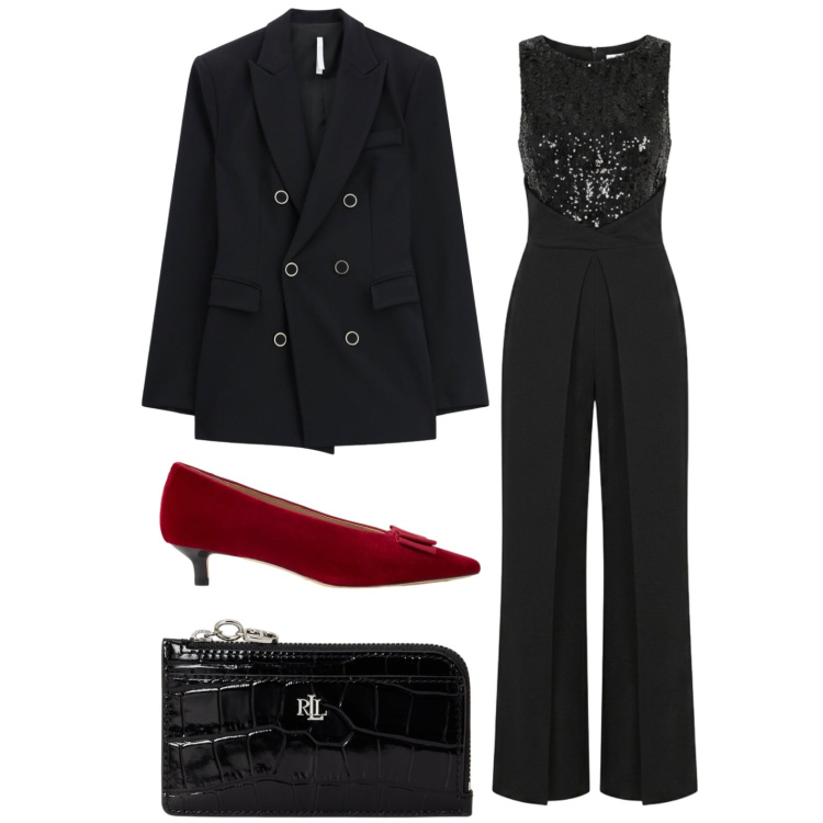 Outfit donna - Concerto di Capodanno. Stile Chic per Serata fuori. Abbinamento con blazer, tute, portafogli, décolleté.