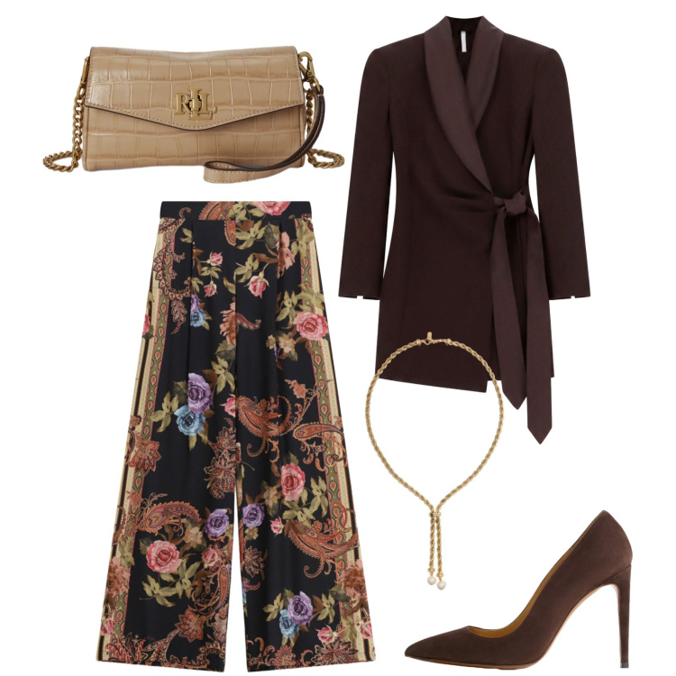 Outfit donna - Matrimonio serale. Stile Glamour per Serata fuori. Abbinamento con vestiti corti, pantaloni a palazzo, décolleté, portafogli, collane.