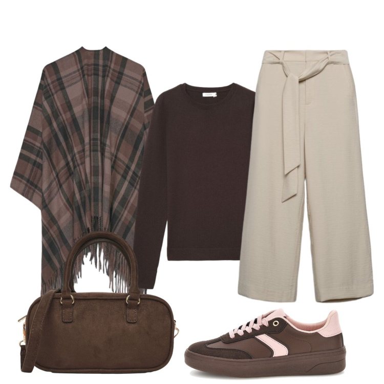 Outfit donna - Atmosfera d’autunno. Stile Trendy per Tutti i giorni. Abbinamento con pantaloni a palazzo, borse a tracolla, cappe, maglieria, sneakers.