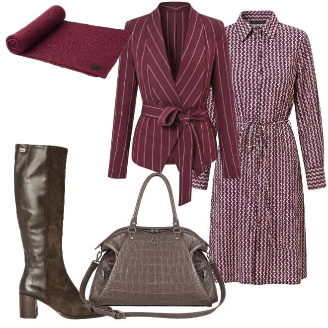 Outfit donna - Blazer gessato con cintura. Stile Urban per Tutti i giorni. Abbinamento con stivali, vestiti chemisier, blazer, shopping bag, sciarpe.