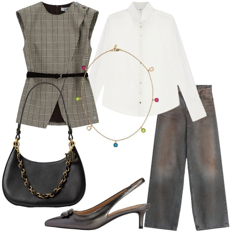 Outfit donna - Tartan & Fall Colors. Stile Bon Ton per Ufficio. Abbinamento con camicie, jeans dritti, gilet, borse a spalla, décolleté, collane.