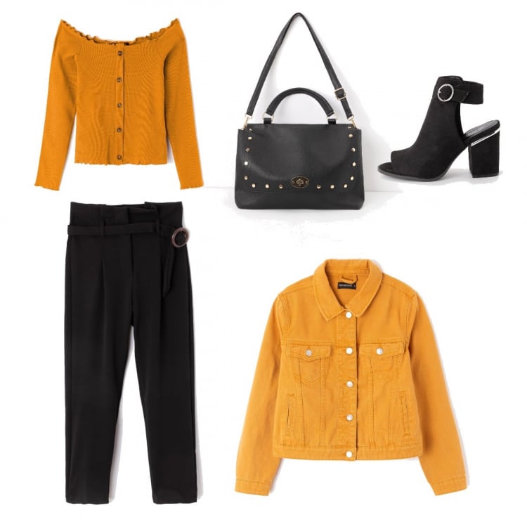Outfit donna - Un tocco di senape. Stile Basic per Tutti i giorni. Abbinamento con t-shirt con bottoni giallo, pantalone paper bag con cintura e fibbia tinta unita nero, giacca jeans crop giallo, sabot nero, borsa a tracolla cartella in ecopelle nero.