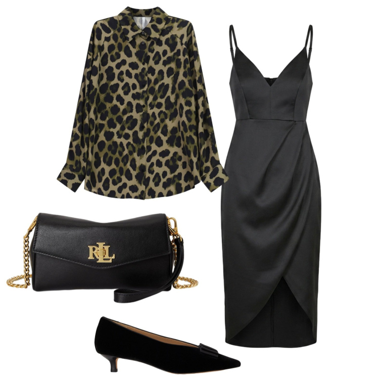 Outfit donna - La camicia che sostituisce il blazer. Stile Trendy per Serata fuori. Abbinamento con camicie, vestiti asimmetrici, portafogli, décolleté.