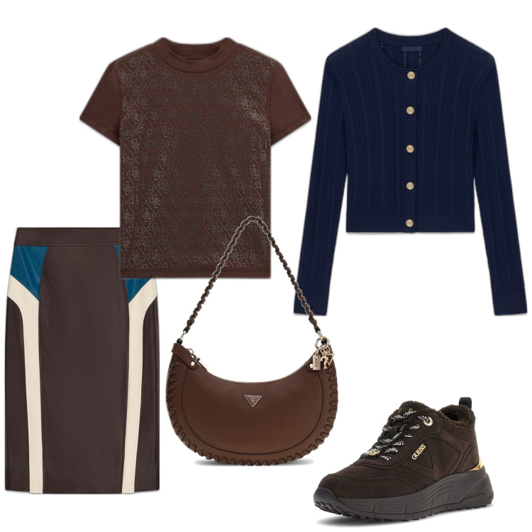 Outfit mujer - Chic #8494. Estilo Chic para Todos los días. Combinación con sneakers, bolsos de hombro, camiseta, faldas, cárdigans.