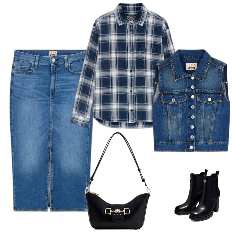 Outfit mujer - Casual chic #12380. Estilo Casual chic para Todos los días. Combinación con faldas largas, botas, chalecos, bolsos de mano, camisas.