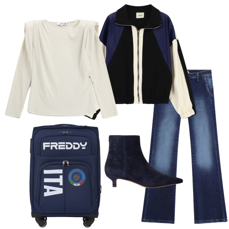 Outfit donna - In partenza per il weekend. Stile Casual chic per Tutti i giorni. Abbinamento con bomber, jeans, t-shirt, valigie, stivaletti.