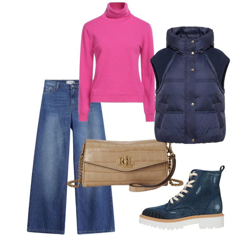 Outfit donna - Gita della domenica. Stile Casual per Tutti i giorni. Abbinamento con stivaletti, maglieria, piumini, jeans, portafogli.