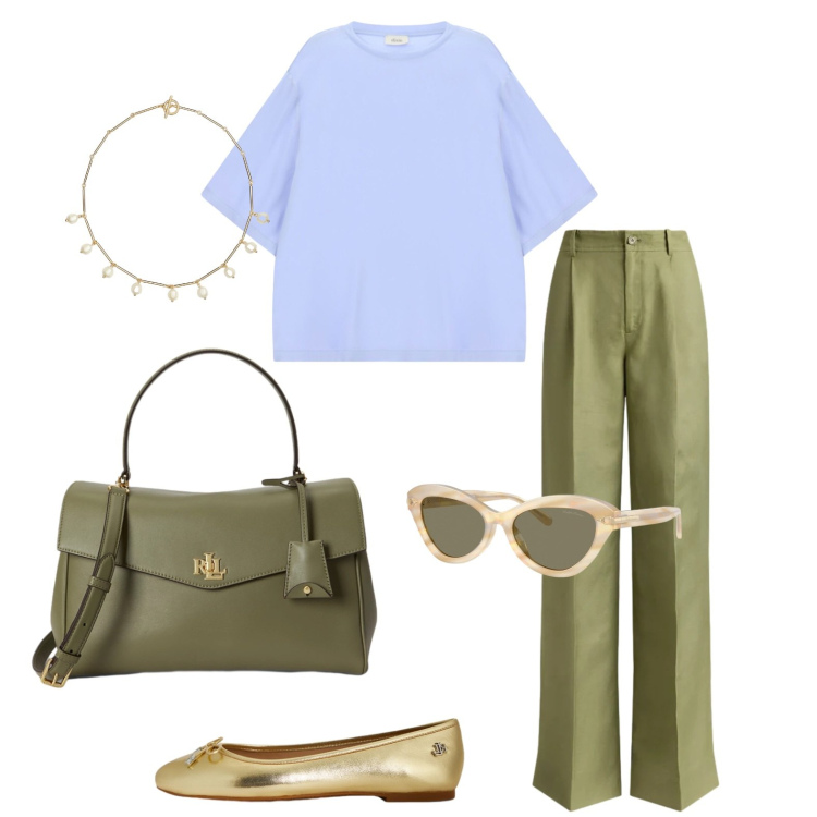 Outfit donna - Verde salvia e azzurro. Stile Bon Ton per Ufficio. Abbinamento con t-shirt, occhiali da sole, borse a mano, collane, pantaloni, ballerine.