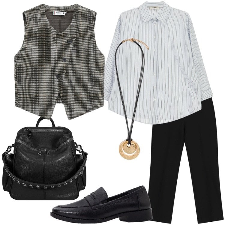 Outfit donna - Chic Urban Layering. Stile Urban per Tutti i giorni. Abbinamento con mocassini, pantaloni, camicie, gilet, ciondoli, zaini.