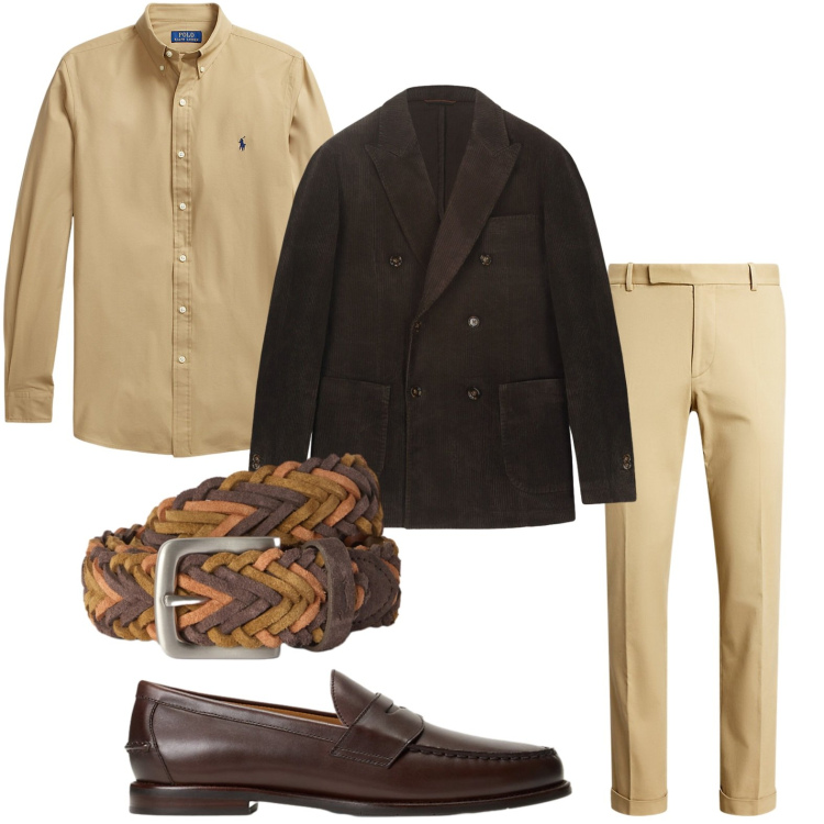 Outfit uomo - Raffinato disinvolto. Stile Casual per Tutti i giorni. Abbinamento con cinture, giacche, camicie, pantaloni chino, scarpe stringate.