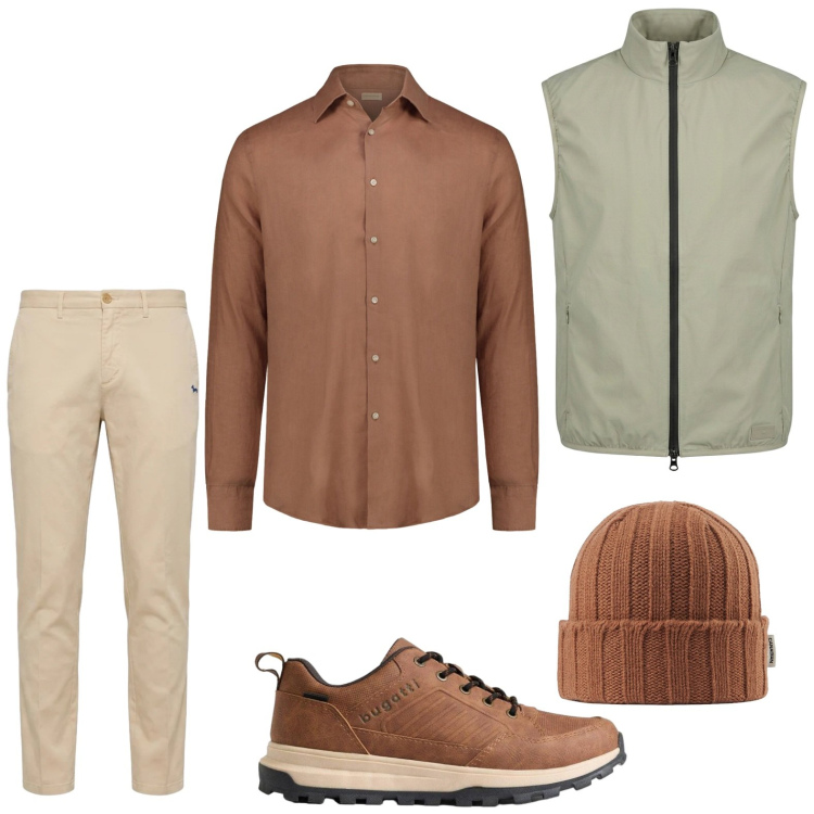 Outfit uomo - Mix di classe. Stile Trendy per Tutti i giorni. Abbinamento con sneakers, pantaloni chino, camicie, piumini, berretti.