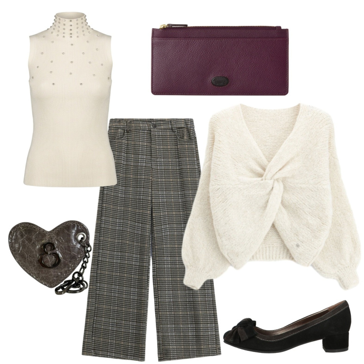 Outfit donna - Un morbido pullover incrociato. Stile Glamour per Ufficio. Abbinamento con décolleté, portafogli, pantaloni, maglieria, portachiavi, top.