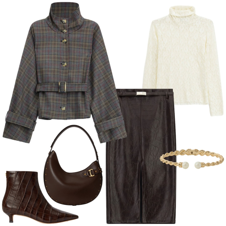 Outfit donna - Total look #2470012. Stile Chic per Ufficio. Abbinamento con cappotti, gonne longuette, t-shirt, borse a spalla, stivaletti, braccialetti.