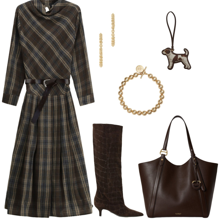 Outfit donna - Tartan e marrone. Stile Glamour per Serata fuori. Abbinamento con stivali, vestiti asimmetrici, braccialetti, portachiavi, borse tote, orecchini.