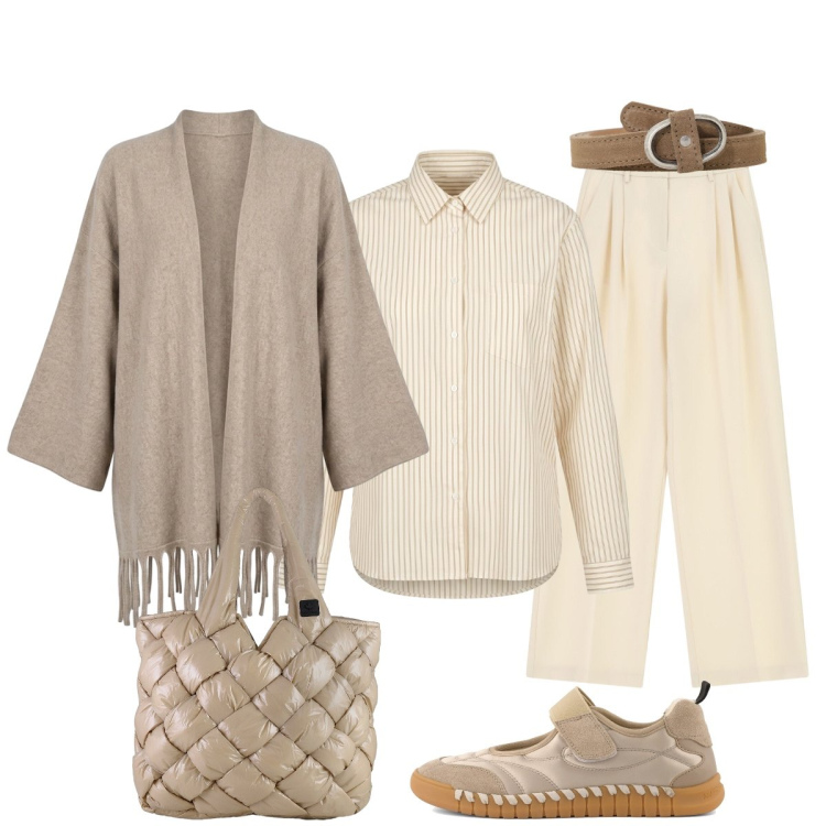 Outfit donna - Sobria eleganza. Stile Chic per Tutti i giorni. Abbinamento con pantaloni a palazzo, cinture, borse tote, kimono, camicie, ballerine.