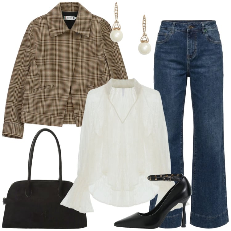 Outfit donna - Total look #2470015. Stile Casual chic per Ufficio. Abbinamento con bluse, décolleté, borse a spalla, cappotti, jeans, orecchini.