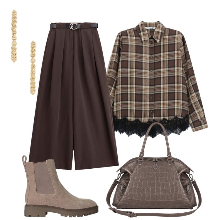 Outfit donna - Il mio outfit per oggi. Stile Trendy per Tutti i giorni. Abbinamento con pantaloni a palazzo, camicie, shopping bag, stivaletti, orecchini.
