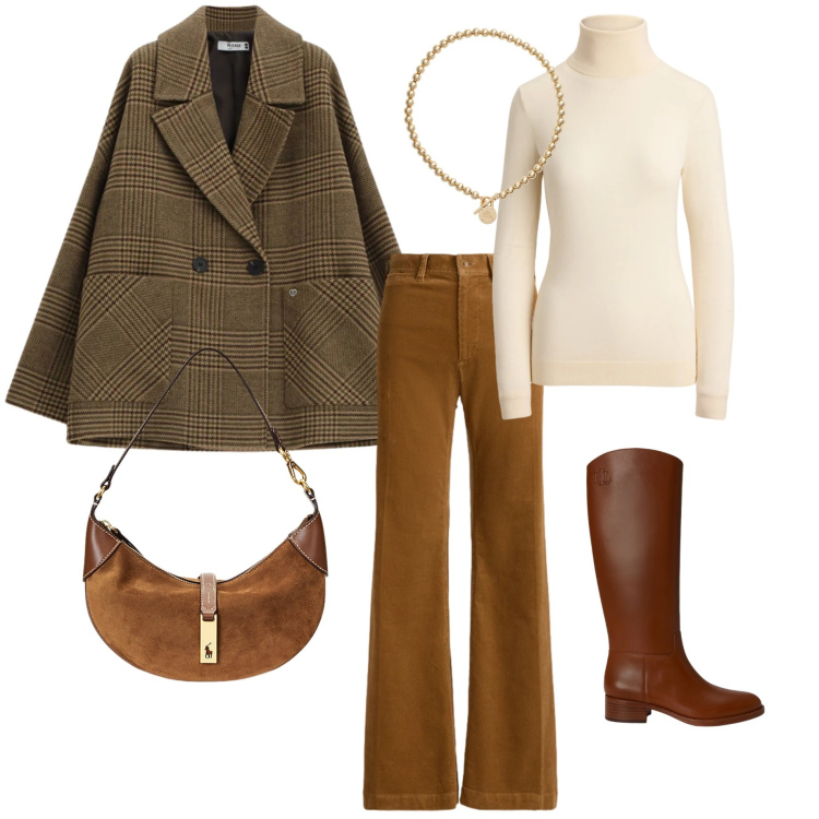 Outfit donna - Blazer a quadri per l\'autunnno. Stile Trendy per Tutti i giorni. Abbinamento con blazer, collane, borse a spalla, pantaloni, pullovers, stivali.