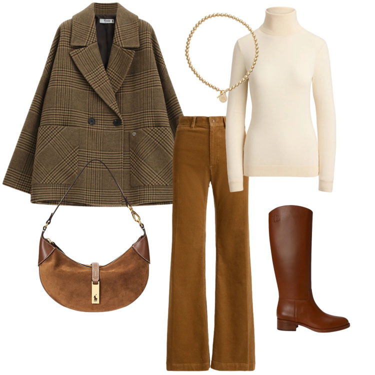 Outfit donna - Blazer a quadri per l'autunno. Stile Trendy per Tutti i giorni. Abbinamento con pantaloni, borse a spalla, stivali, collane, pullovers, blazer.