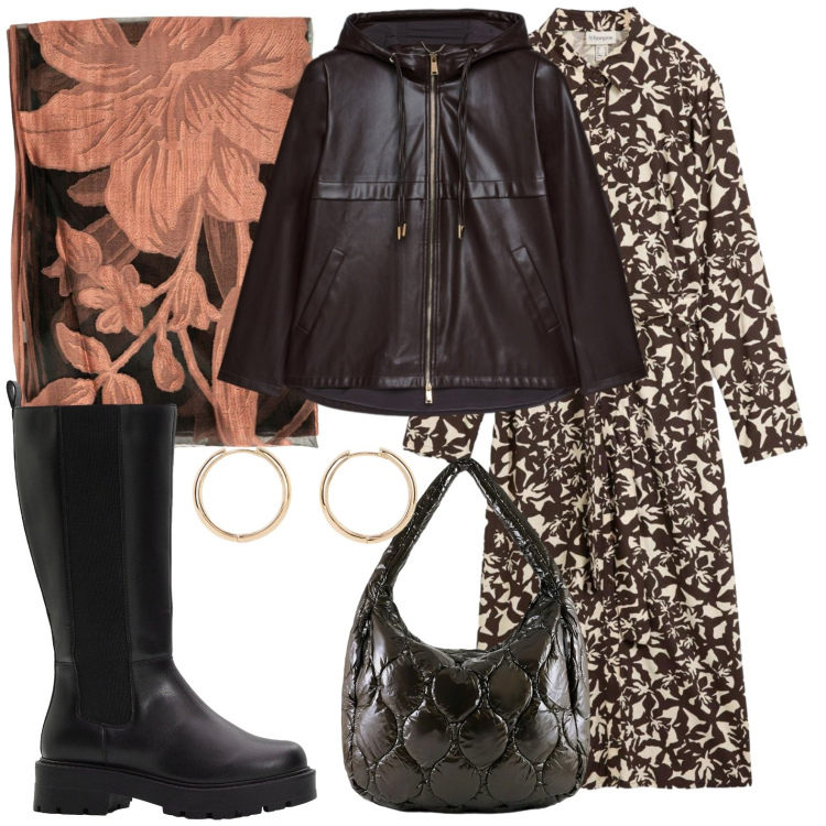 Outfit donna - Biker e foulard. Stile Urban per Tutti i giorni. Abbinamento con vestiti chemisier, stivali, orecchini, blazer, borse tote, stole.