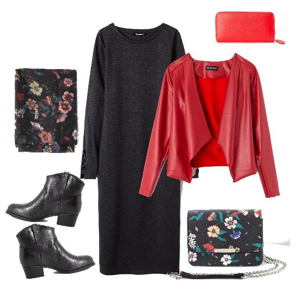 Outfit donna - TSK Accessori coordinati. Stile Trendy per Tutti i giorni. Abbinamento con vestito, giacca scollatura in ecopelle rosso, borsa a tracolla fantasia in ecopelle nero, sciarpa fantasia floreale nero, stivaletti in ecopelle nero, portafoglio tinta unita rosso.