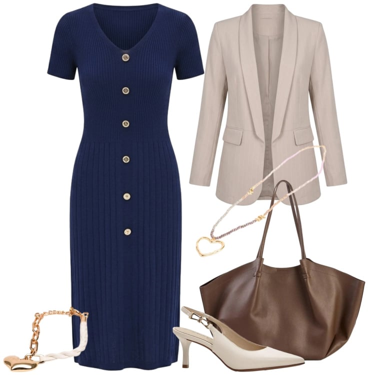 Outfit donna - Total look #2470020. Stile Casual chic per Ufficio. Abbinamento con décolleté, shopping bag, vestiti asimmetrici, blazer, braccialetti, collane.