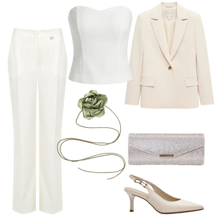 Outfit donna - Cerimonia a settembre. Stile Chic per Cerimonia. Abbinamento con décolleté, blazer, pantaloni a palazzo, top, clutch, collane.