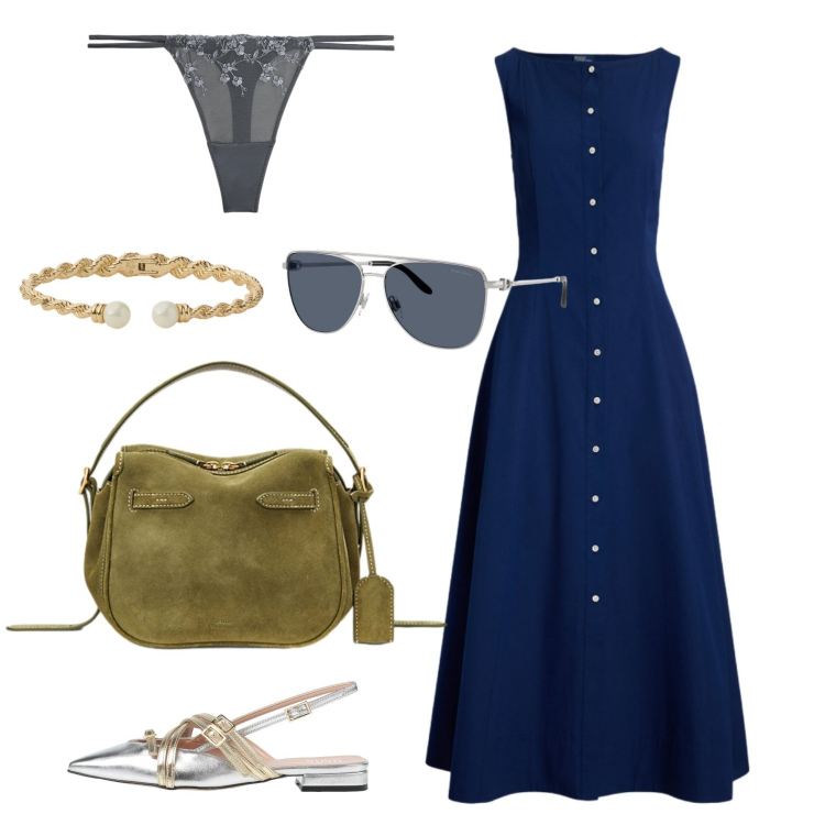 Outfit donna - Giornate ancora calde. Stile Casual per Tutti i giorni. Abbinamento con ballerine, borse a mano, occhiali da sole, vestiti, braccialetti, perizomi.