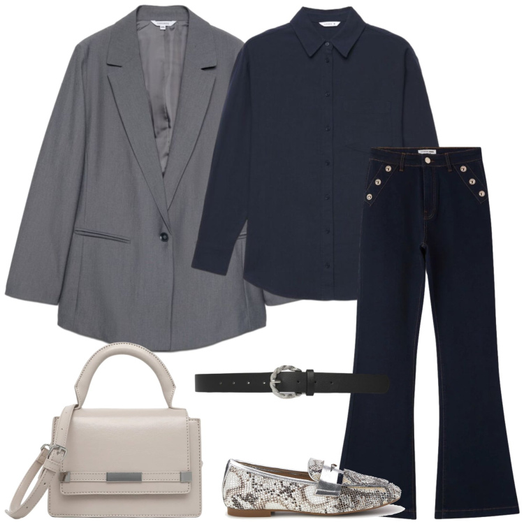 Outfit donna - Total look #2470024. Stile Basic per Ufficio. Abbinamento con camicie, borse a tracolla, jeans, cinture, blazer, mocassini.