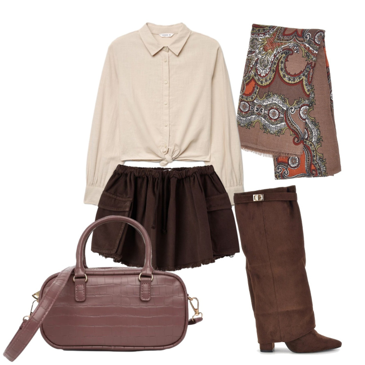 Outfit donna - Settembre. Stile Casual chic per Tutti i giorni. Abbinamento con camicie, borse a tracolla, minigonne, foulard, stivali.