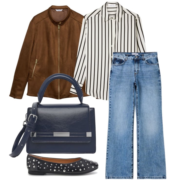Outfit donna - Settembre. Stile Casual per Ufficio. Abbinamento con camicie, giacche, borse a tracolla, jeans bootcut, ballerine.