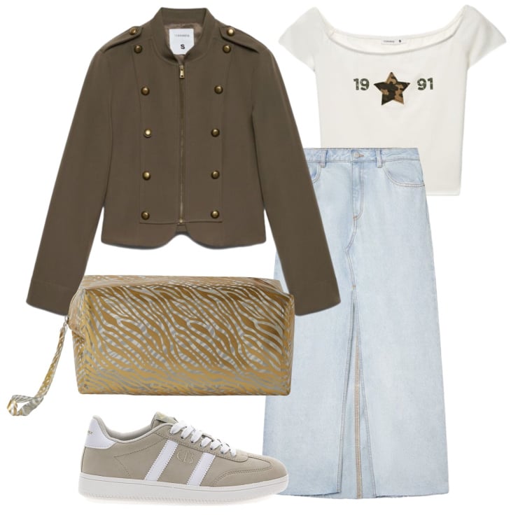 Outfit donna - Settembre. Stile Casual chic per Tutti i giorni. Abbinamento con valigie, gonne lunghe, t-shirt, blazer, sneakers.