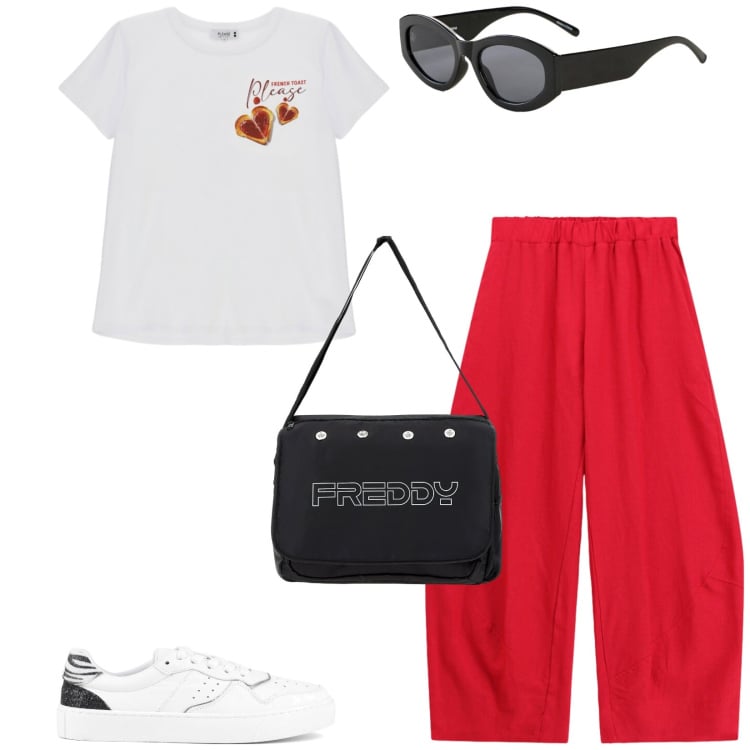 Outfit donna - Total look #2470032. Stile Urban per Tutti i giorni. Abbinamento con occhiali da sole, pantaloni, t-shirt, borse messenger, sneakers.