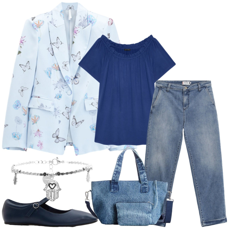 Outfit donna - Total look #2470034. Stile Casual chic per Tutti i giorni. Abbinamento con borse a mano, ballerine, blazer, jeans, braccialetti, t-shirt.