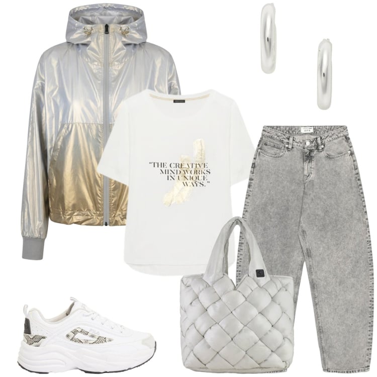 Outfit donna - Total look #2470037. Stile Sporty chic per Tutti i giorni. Abbinamento con sneakers, jeans, t-shirt, borse tote, bomber, orecchini.