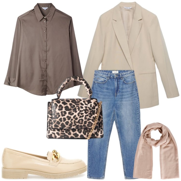 Outfit donna - Abbinamenri. Stile Chic per Ufficio. Abbinamento con borse a tracolla, foulard, camicie, blazer, jeans mom, mocassini.