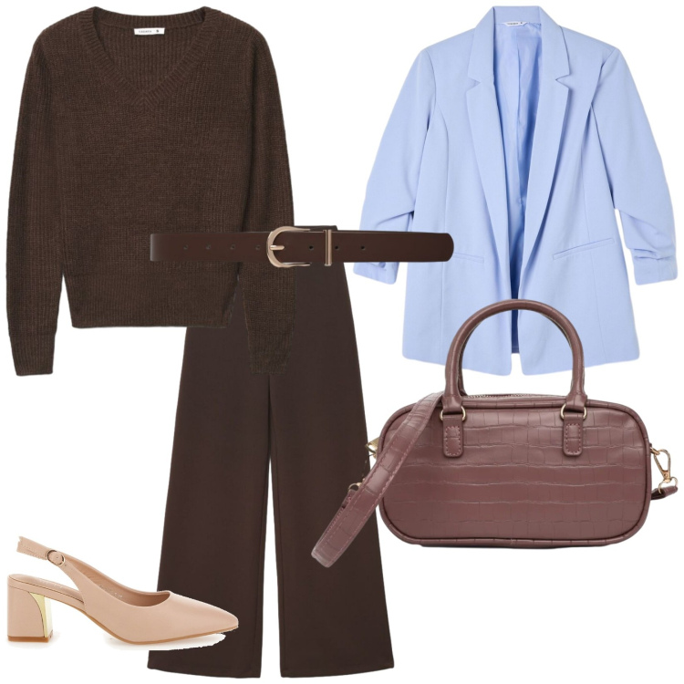 Outfit donna - Ritorno al lavoro. per Ufficio. Abbinamento con borse a tracolla, blazer, cinture, pantaloni a palazzo, maglieria, décolleté.