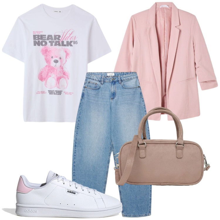 Outfit donna - A lavoro casual. Stile Casual chic per Ufficio. Abbinamento con t-shirt, borse a tracolla, blazer, jeans, sneakers.