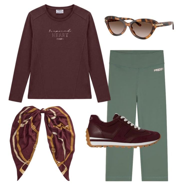Outfit donna - A spasso con il cane. Stile Basic per Tutti i giorni. Abbinamento con leggings, t-shirt, occhiali da sole, foulard, sneakers.