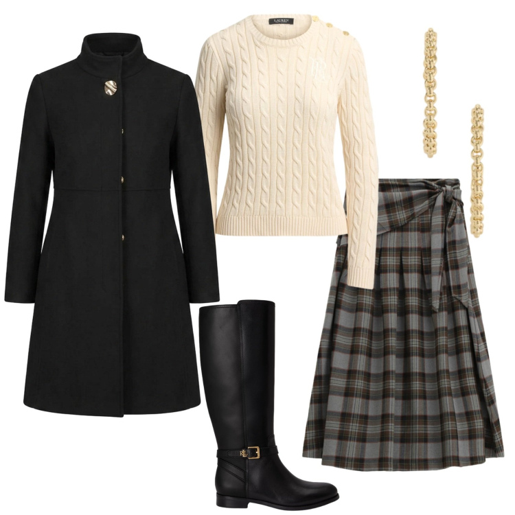 Outfit donna - Total look #2470043. Stile Casual per Tutti i giorni. Abbinamento con gonne longuette, cappotti, orecchini, stivali, maglieria.